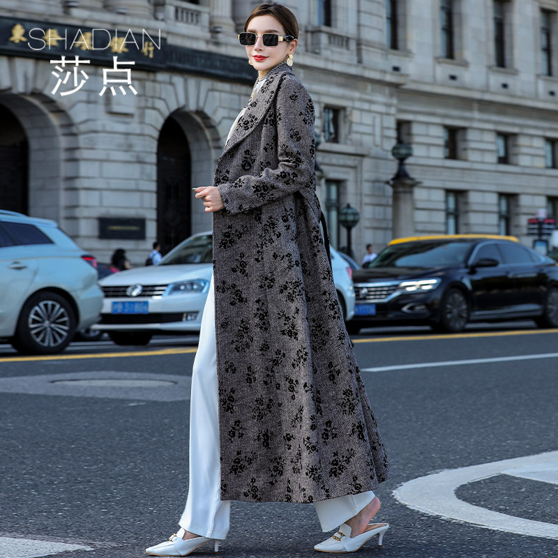 印花赫本风毛呢大衣女秋冬气质中长款加厚呢子大衣灰色加厚呢外套
