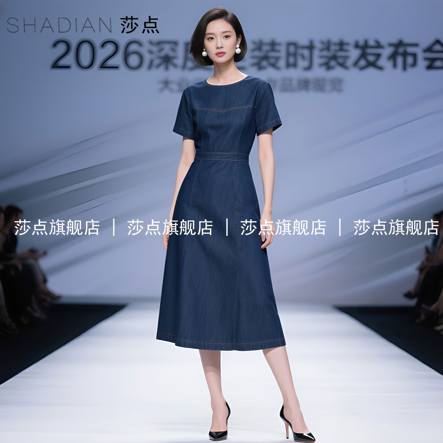 蓝色牛仔连衣裙女夏短袖高级感图片