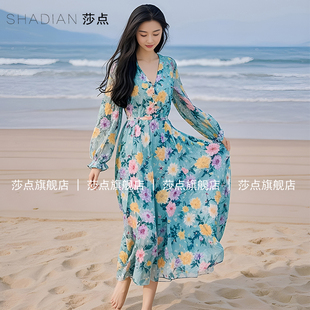 薄纱连衣裙女夏V领夏日绝美小裙子雪纺碎花裙气质感海边度假长裙