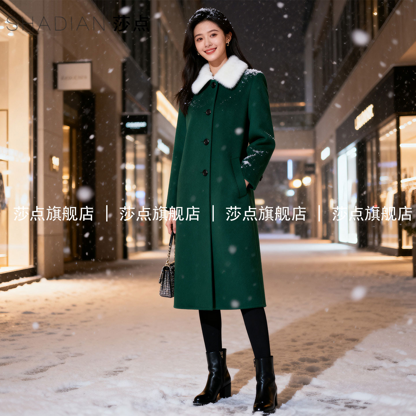 绿色单排扣毛领呢子大衣女冬季