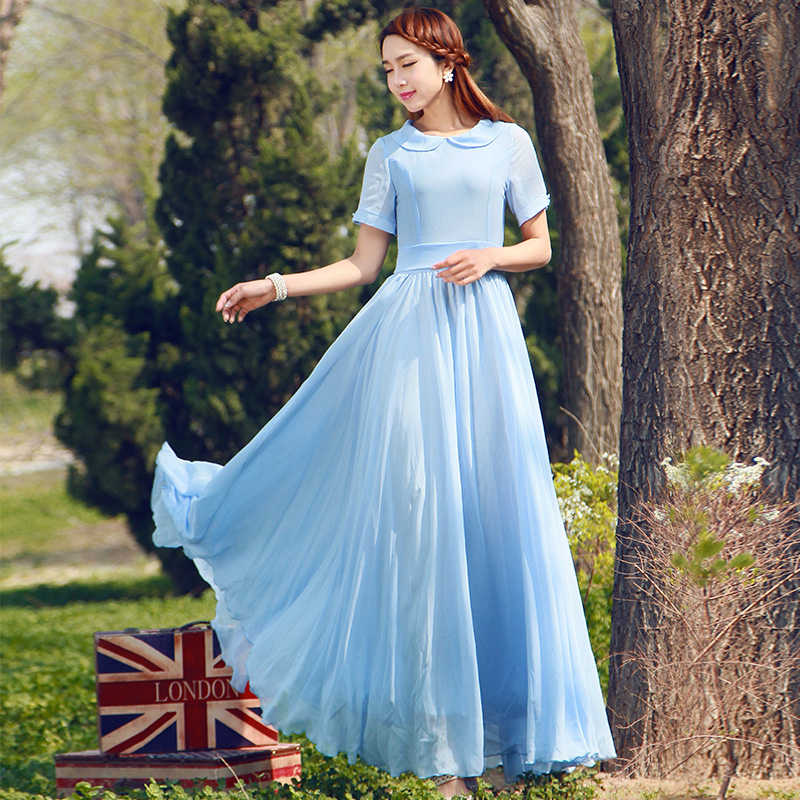 夏季蓝色娃娃领雪纺连衣裙女2023年新款长款大摆长裙气质收腰裙子