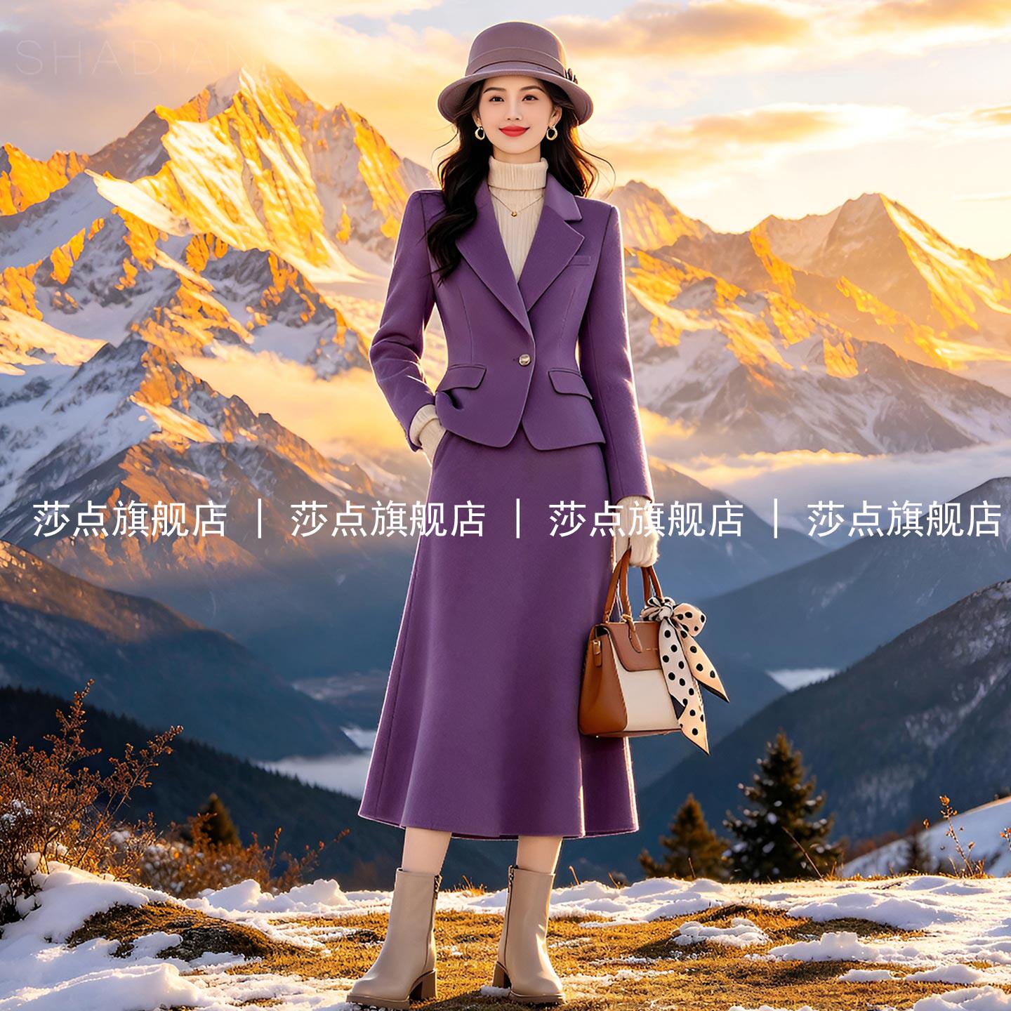 紫色休闲西装套装裙女秋冬