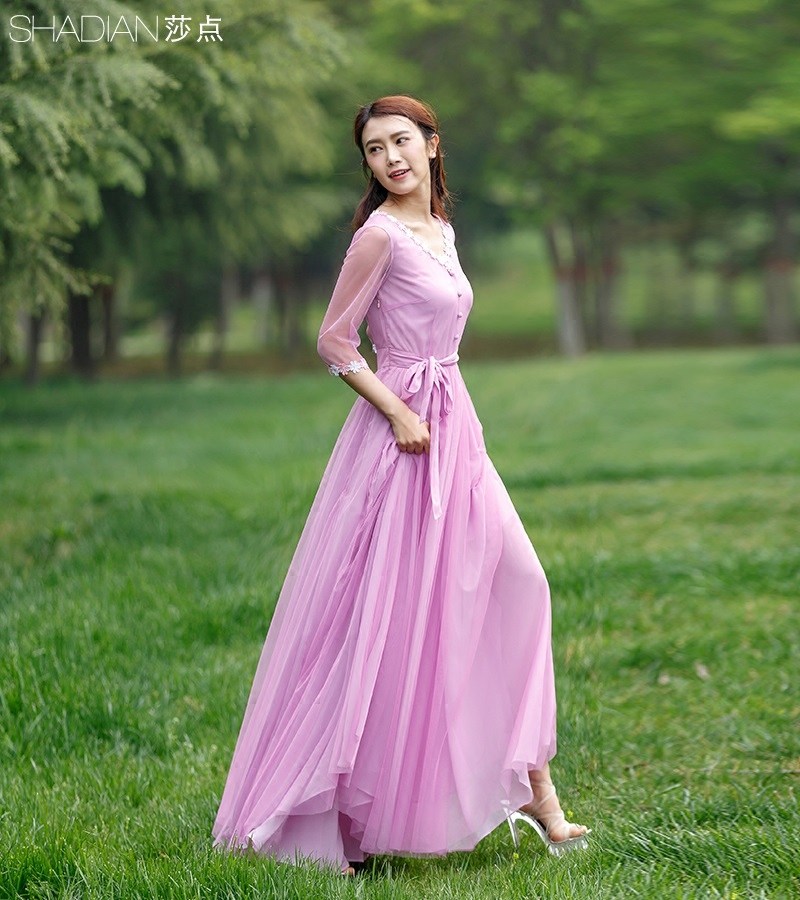 莎点春夏新品淑女雪纺连衣裙新款 v领七分袖复古蕾丝网纱长裙长款