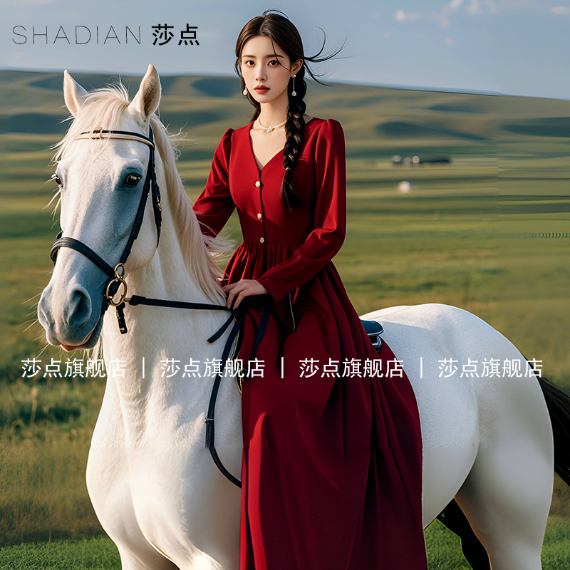 红色V领长袖连衣裙女今年春秋新款订婚礼服出游度假长裙日常可穿
