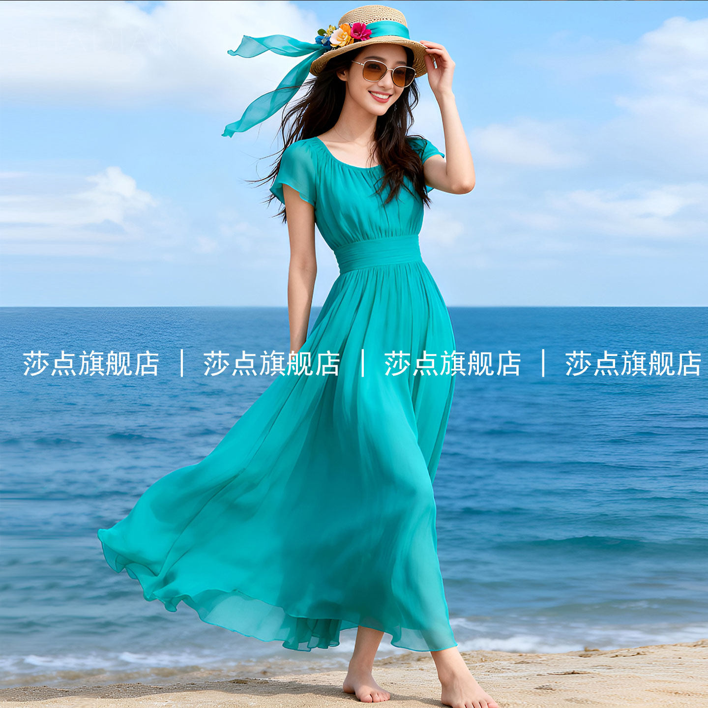 V领短袖湖蓝色薄纱连衣裙女夏
