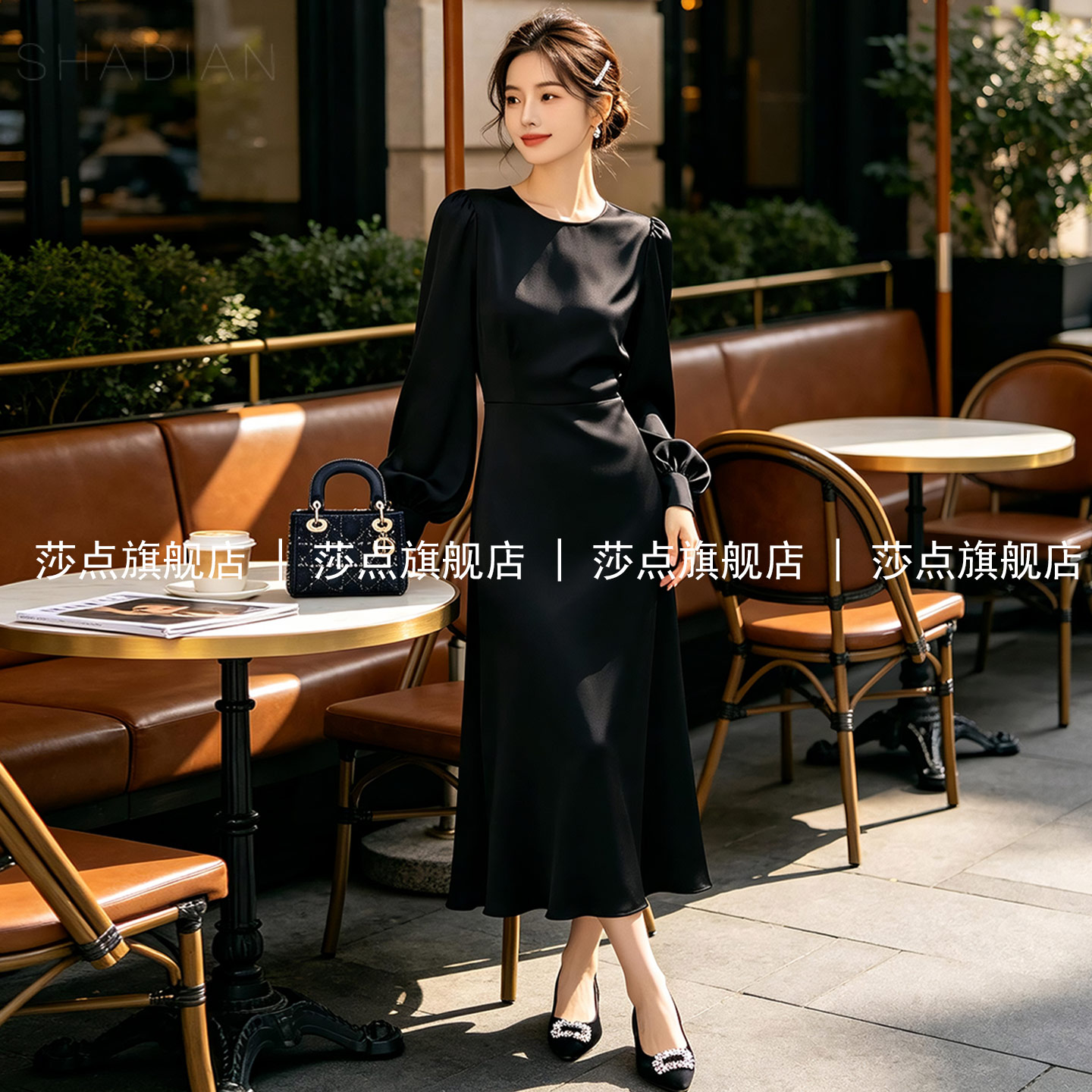 黑色圆领长袖连衣裙女高级感