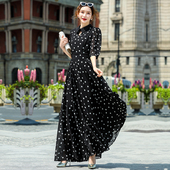 黑色波点连衣裙雪纺大摆长裙长款 气质裙子女夏波西米亚沙滩裙脚踝