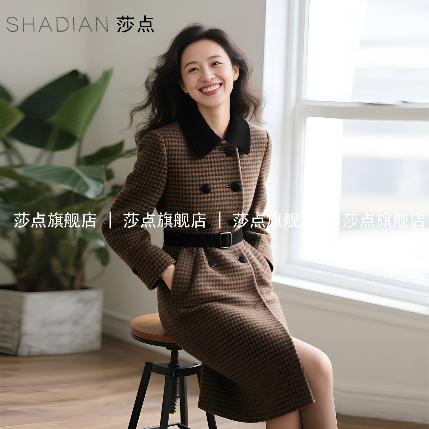 双排扣千鸟格毛呢外套女中长款