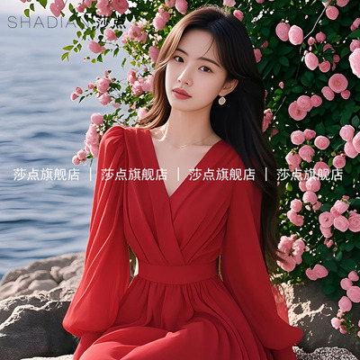 薄纱红色连衣裙女夏雪纺长袖