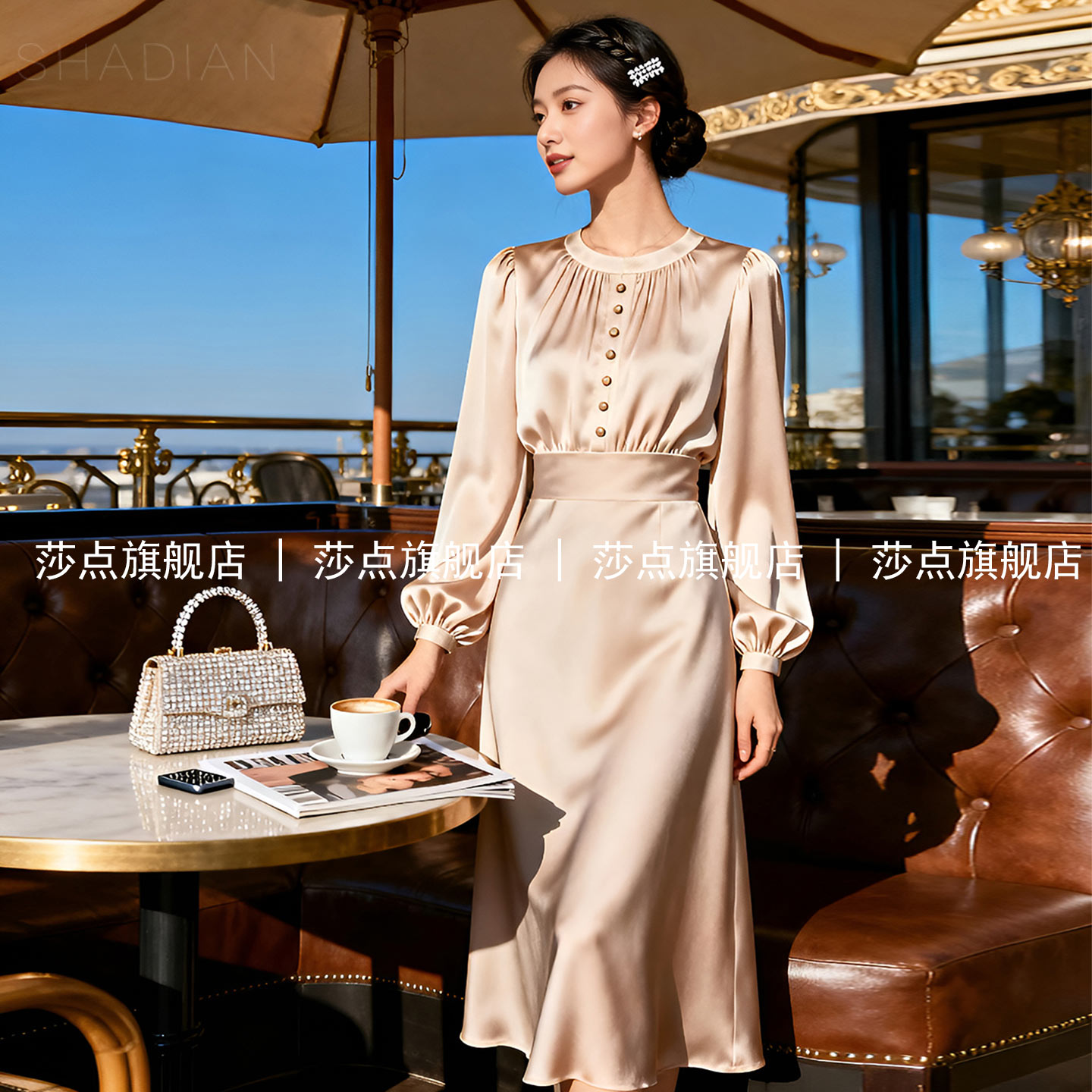 香槟色单排扣长袖连衣裙女春秋
