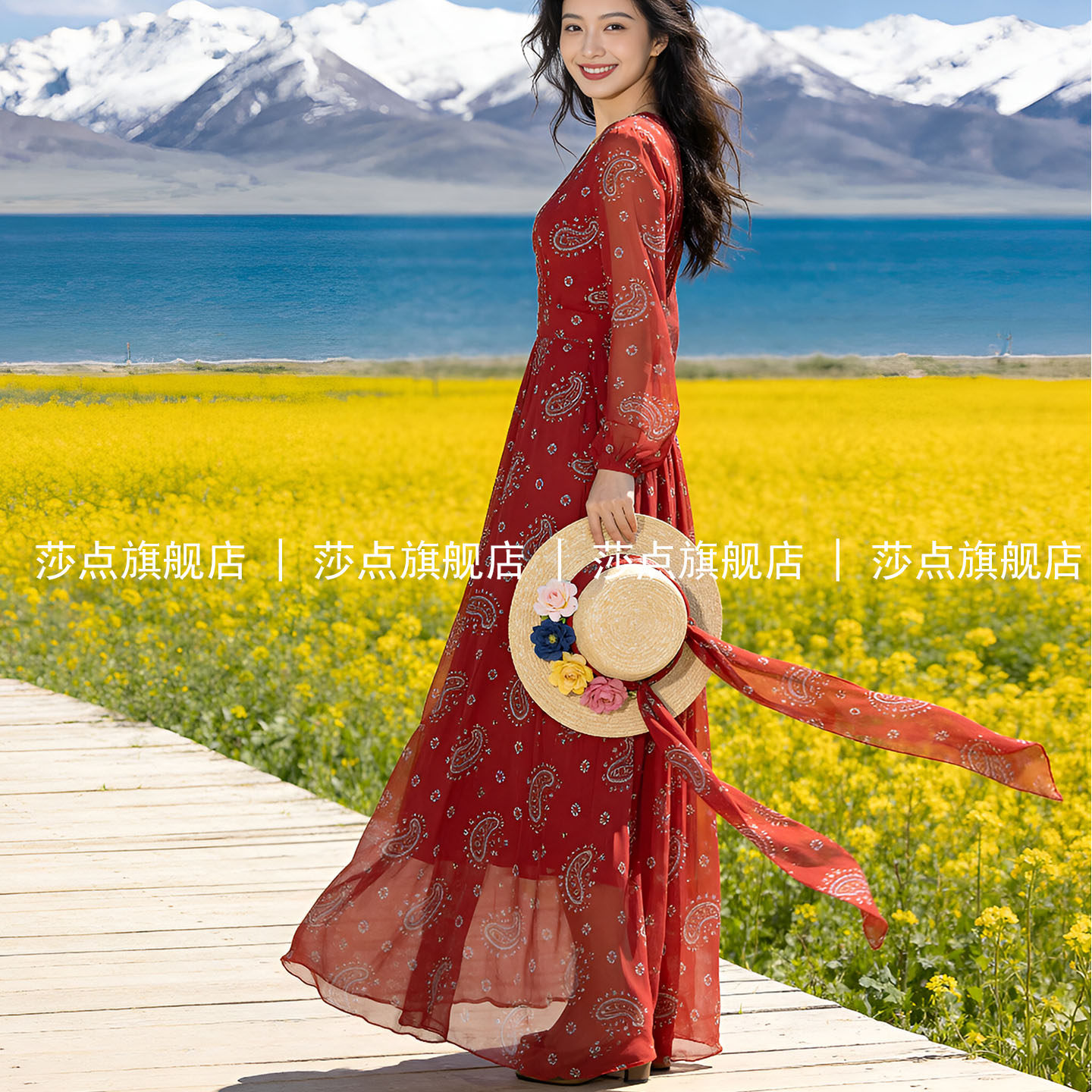 V领长袖红色碎花连衣裙女夏