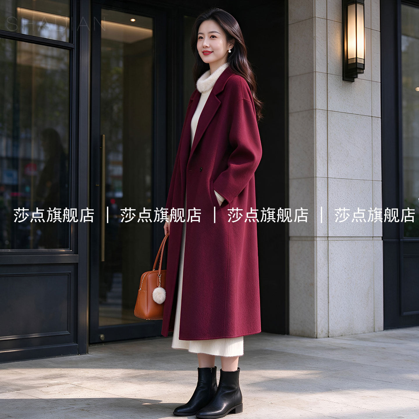 酒红色西装领双排扣毛呢外套女冬
