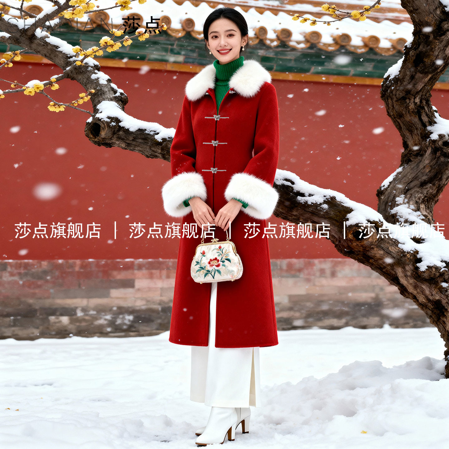 红色新中式呢子大衣女加厚