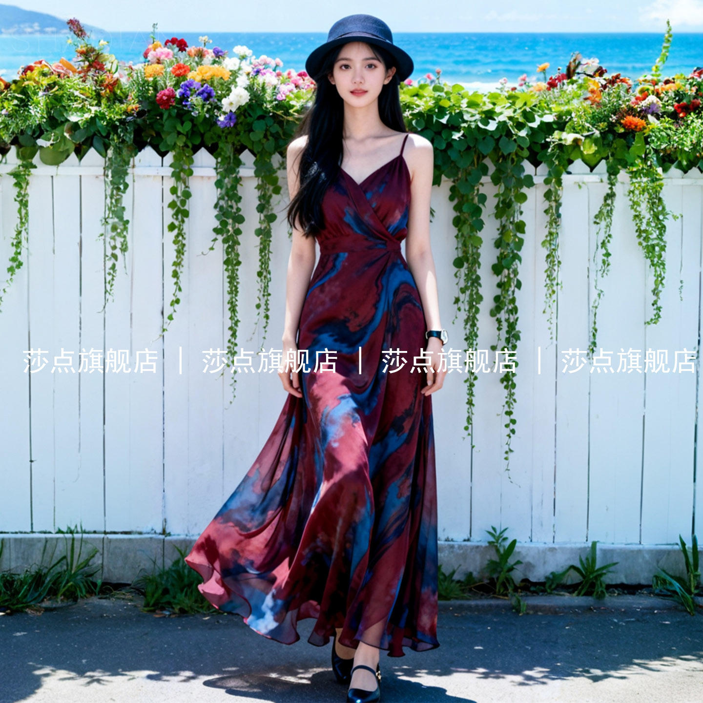 酒红色无袖碎花吊带连衣裙女夏大摆长裙长款收腰海边度假沙滩裙