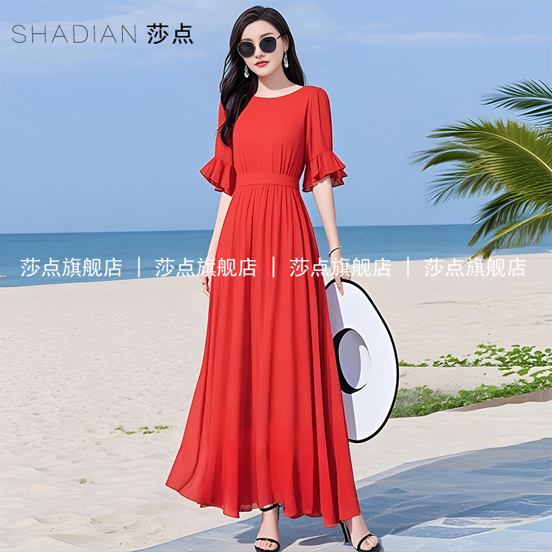喇叭袖红色连衣裙女夏气质长款雪纺气质收腰长裙海边度假沙滩裙