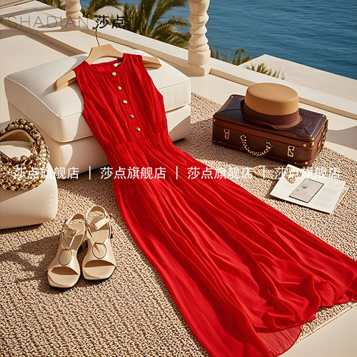 红色背心连衣裙女夏收腰度假风