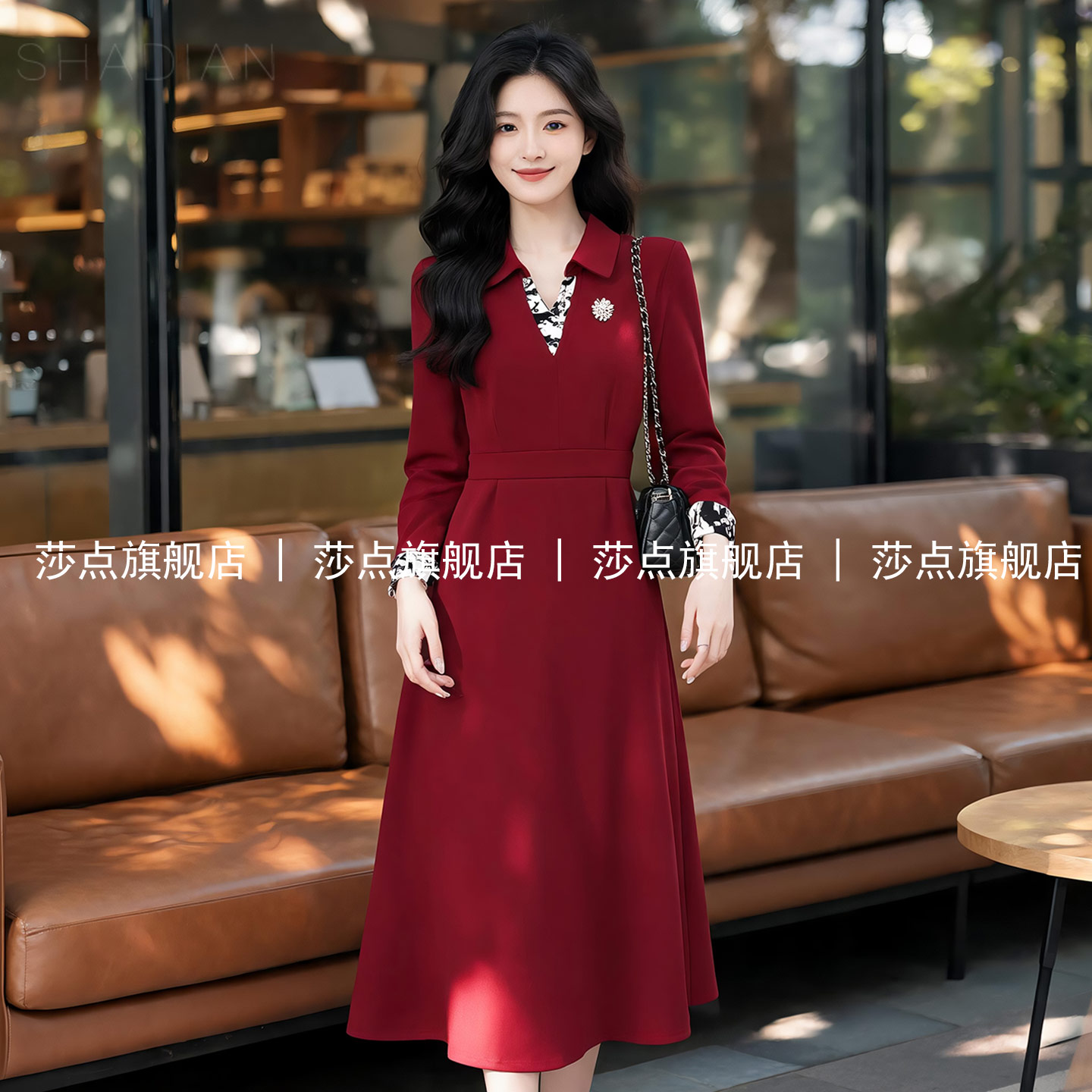 V领长袖红色连衣裙女中长款