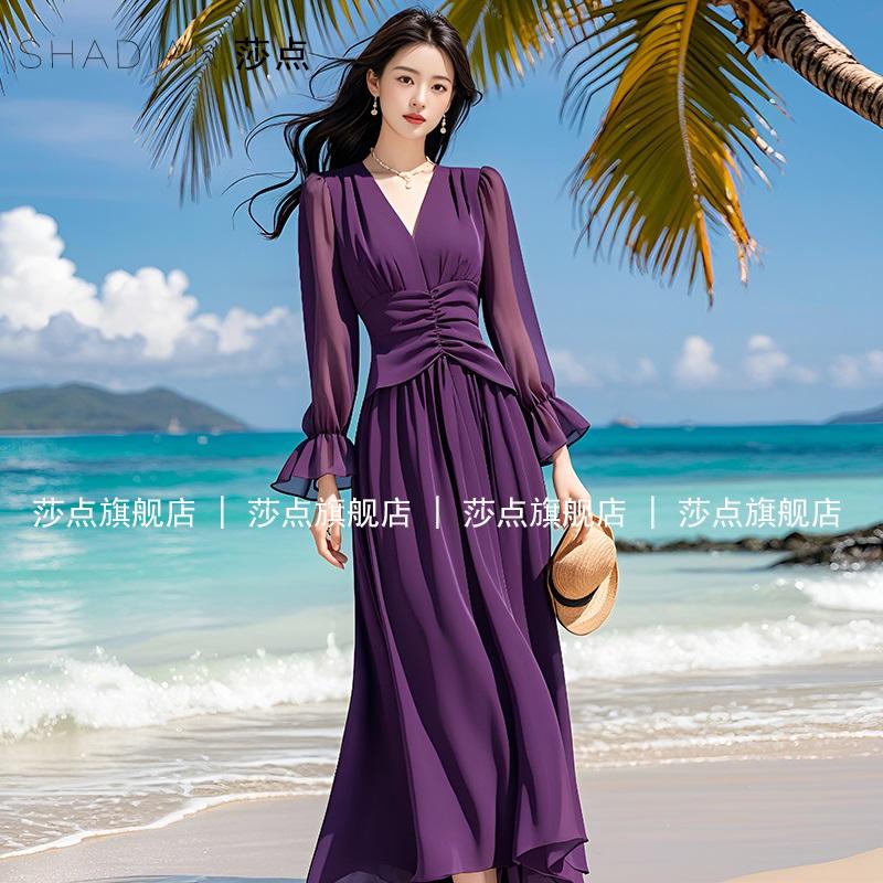 紫色气质长袖连衣裙女夏