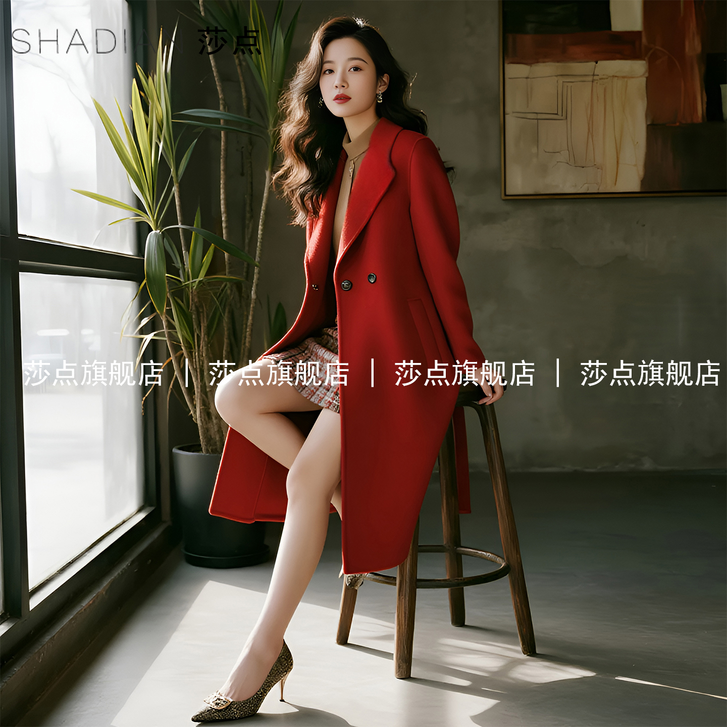 红色毛呢外套女中长款冬季2025新款气质收腰长款轻奢加厚呢子大衣
