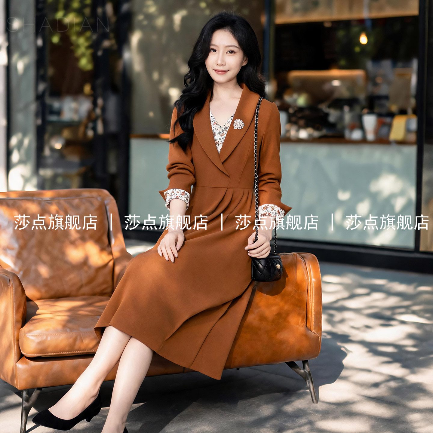 长袖拼接西装连衣裙女中长款