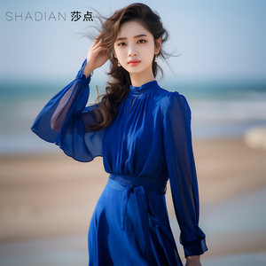 春秋新款雪纺连衣裙女蓝色长裙到脚踝海边度假裙子收腰显瘦沙滩裙