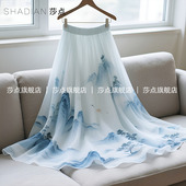 女夏2026新款 新中式 国风水墨印花雪纺半身裙长款 百褶裙长裙垂坠感