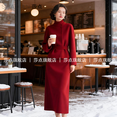 酒红色休闲小香风毛呢套装裙