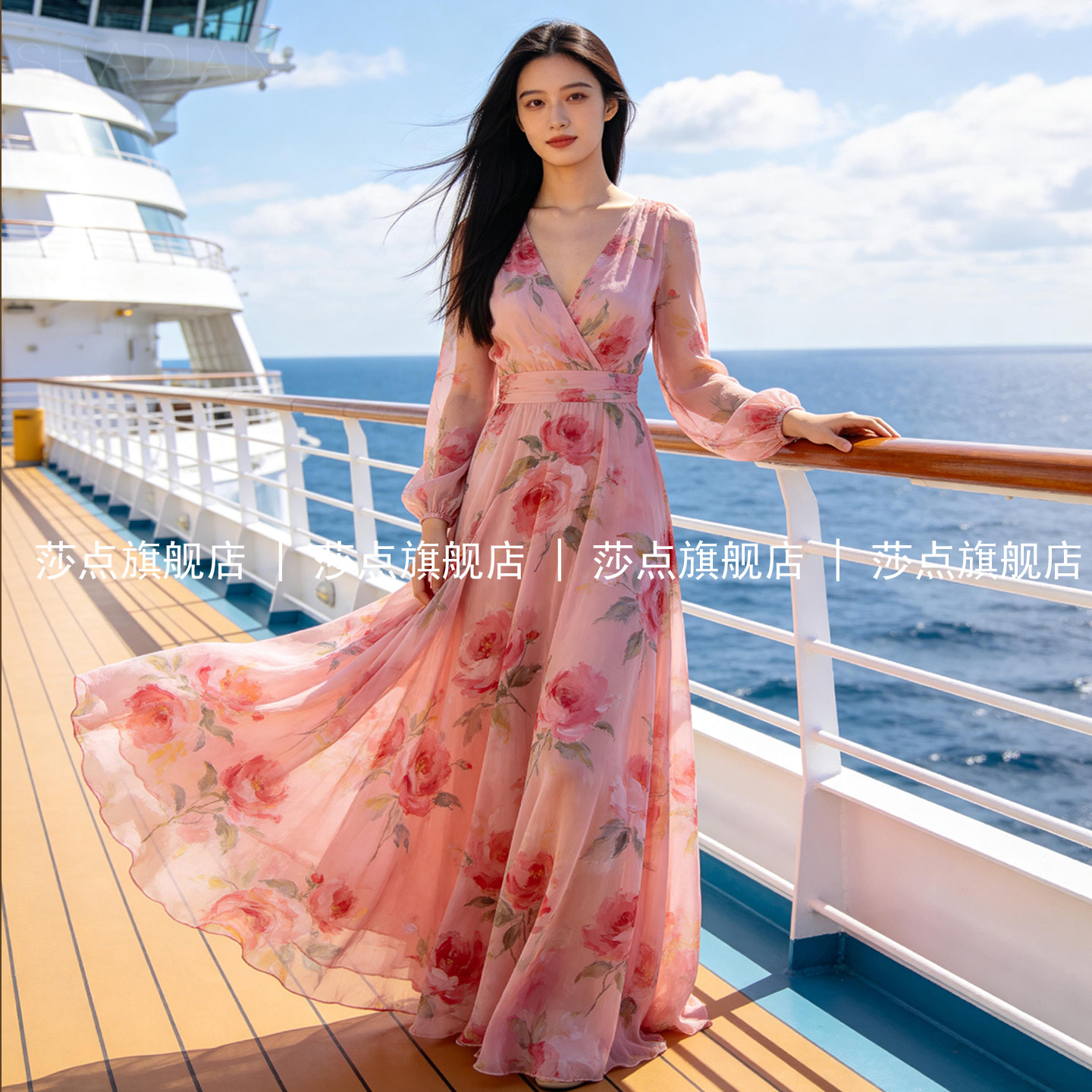 粉色V领长袖碎花连衣裙女夏