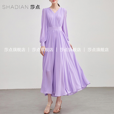 法式紫色V领雪纺连衣裙女夏长袖海边度假长裙大摆裙沙滩裙高级感