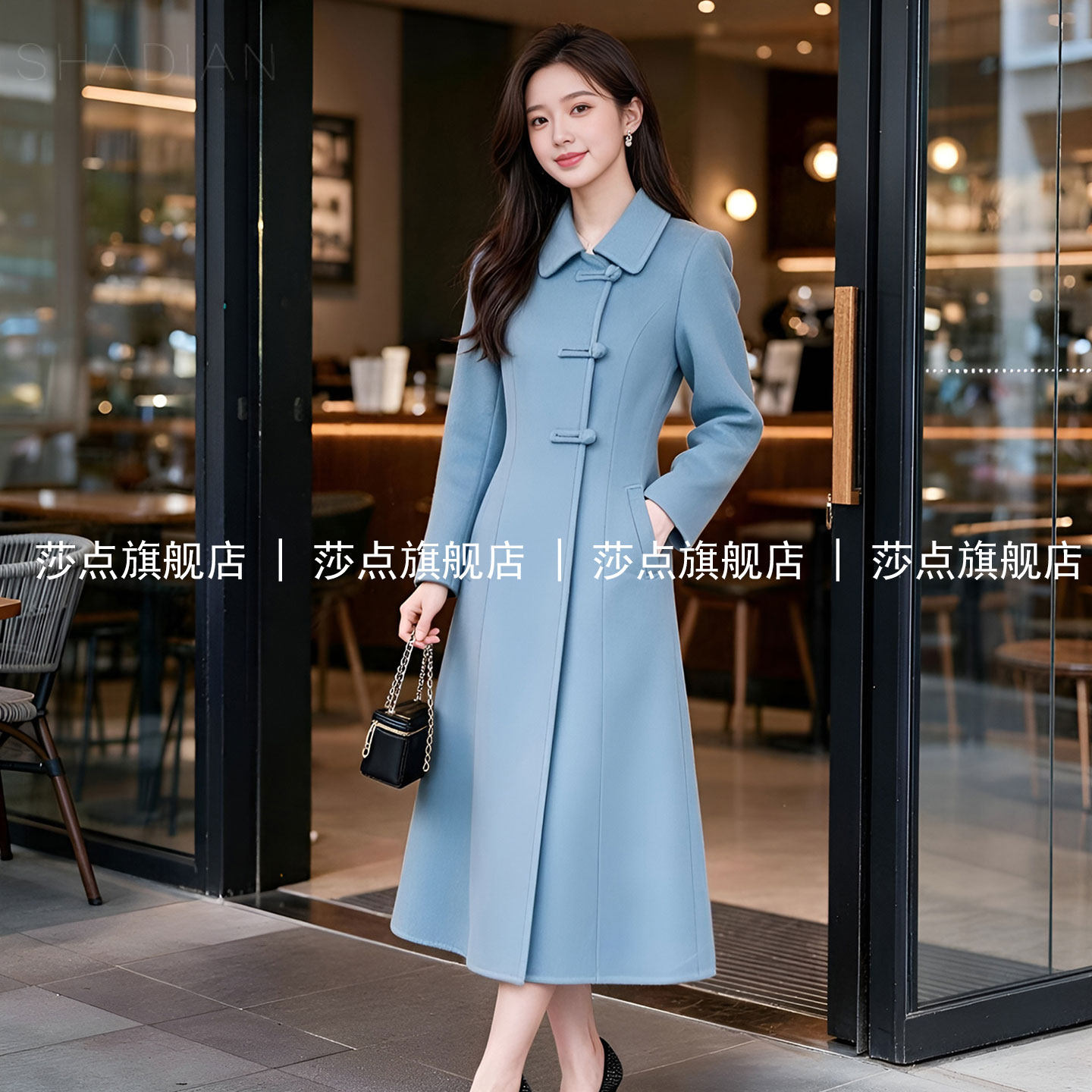 蓝色新中式单排扣毛呢外套女秋冬