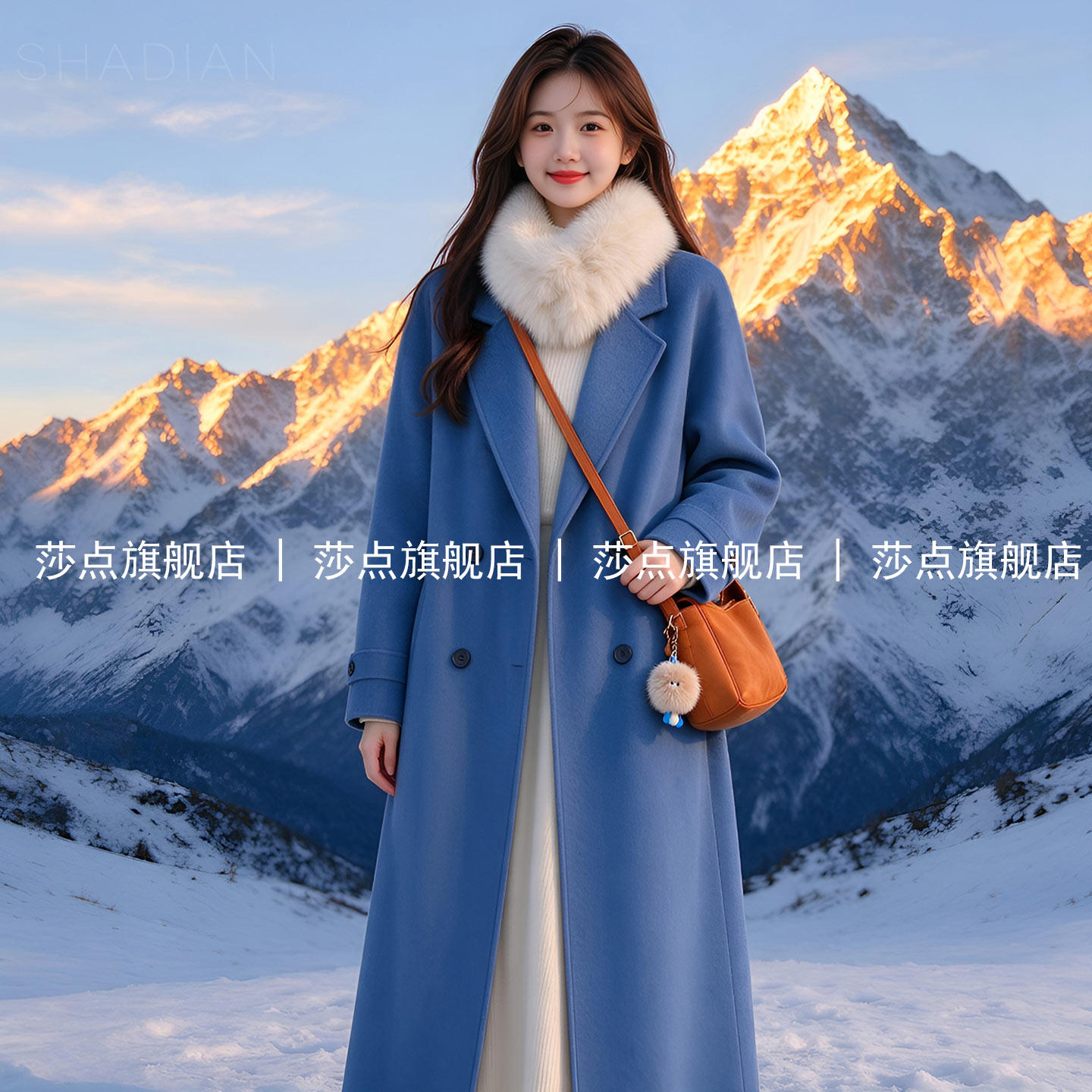 蓝色西装领双排扣毛呢外套女冬