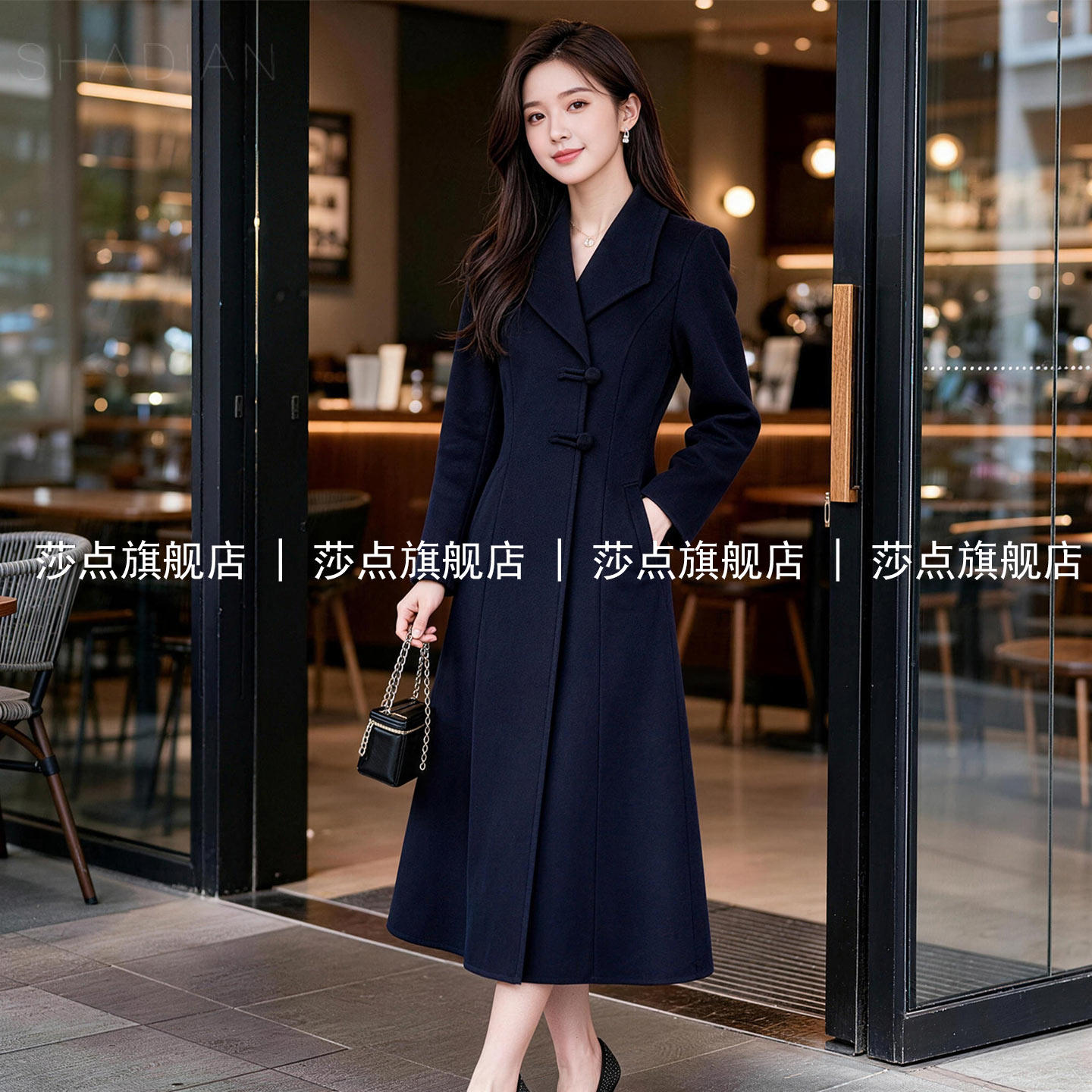 藏青色翻领单排扣呢子大衣女秋冬