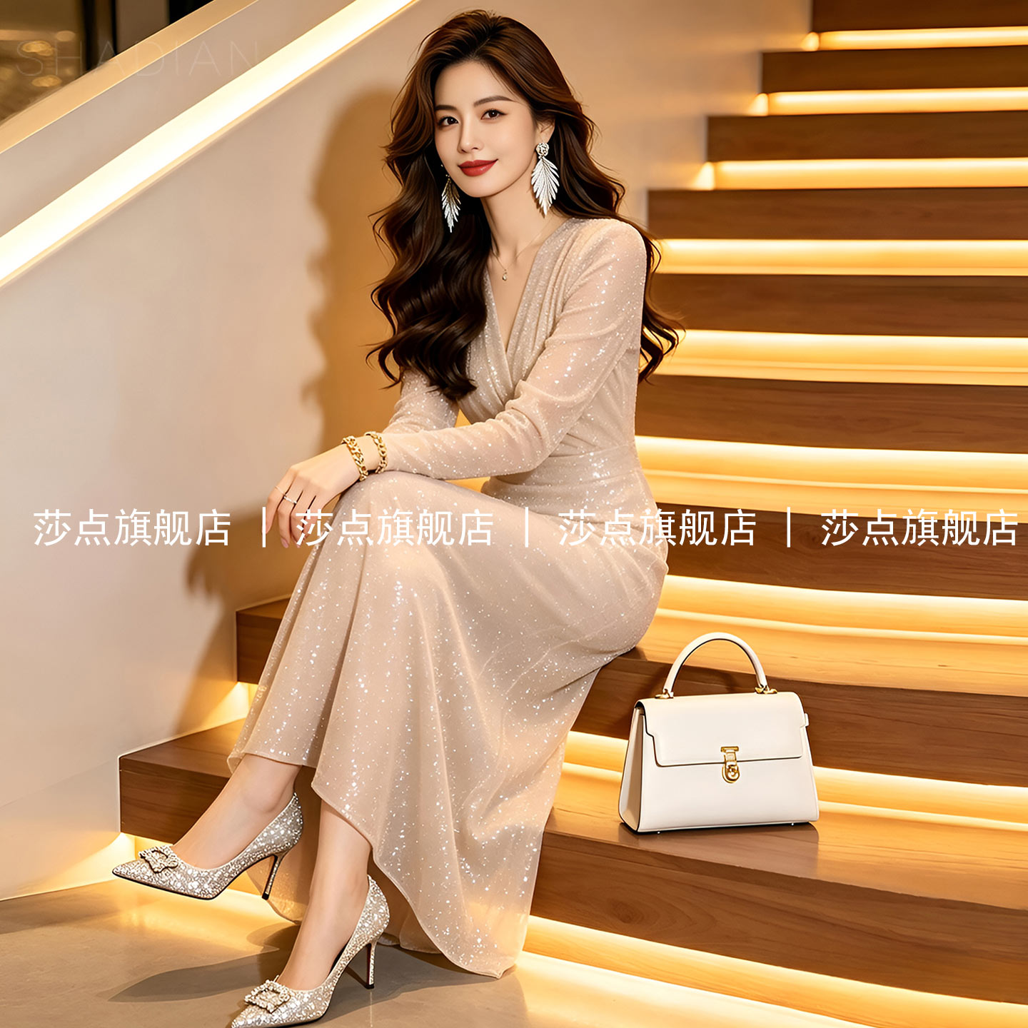 裸粉色V领长袖连衣裙女秋季