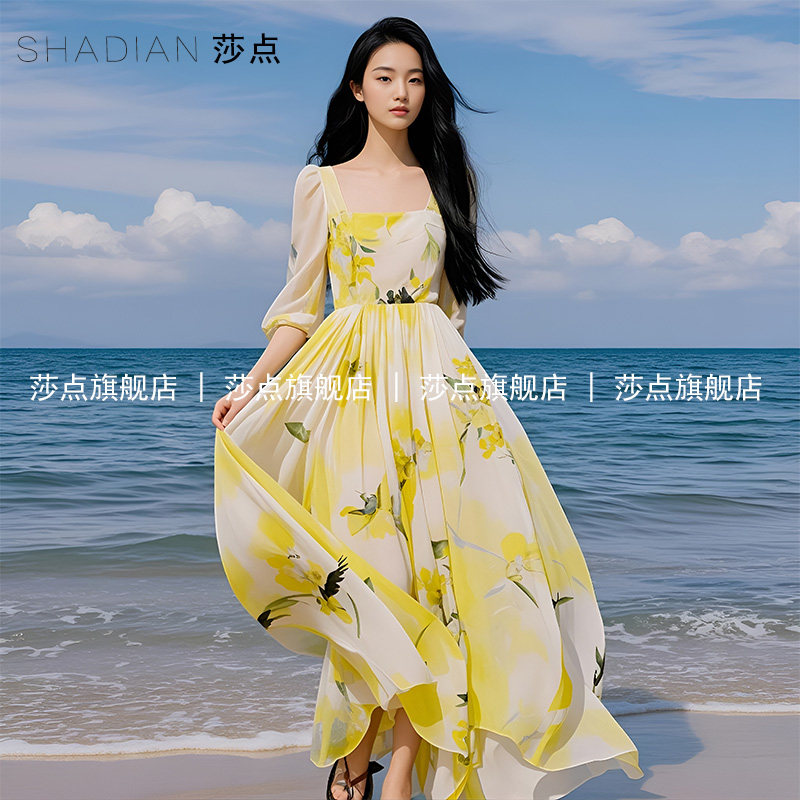 夏季方领薄纱连衣裙女