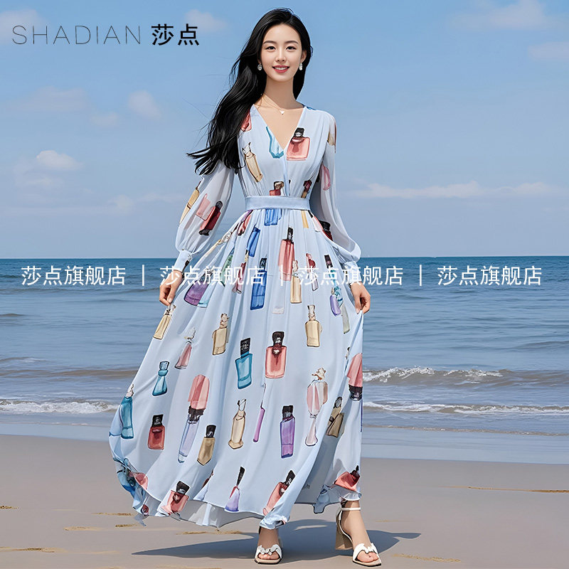 V领薄纱连衣裙雪纺裙子女夏度假