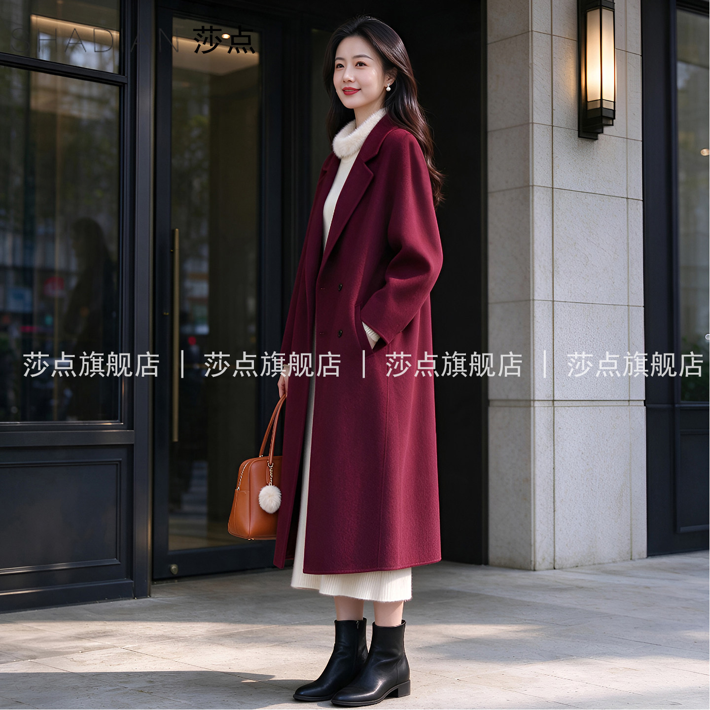 酒红色西装领双排扣毛呢外套女冬