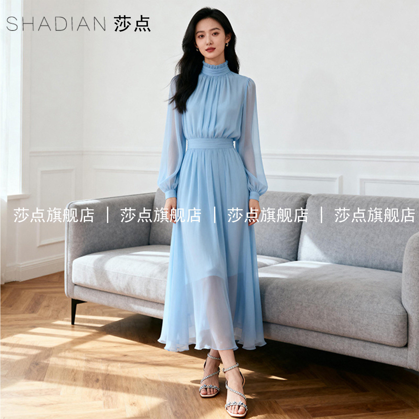 蓝色法式薄纱连衣裙2026春秋气质收腰长袖雪纺长裙长款裙子高级感