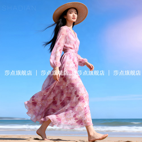 粉色长袖雪纺碎花连衣裙女