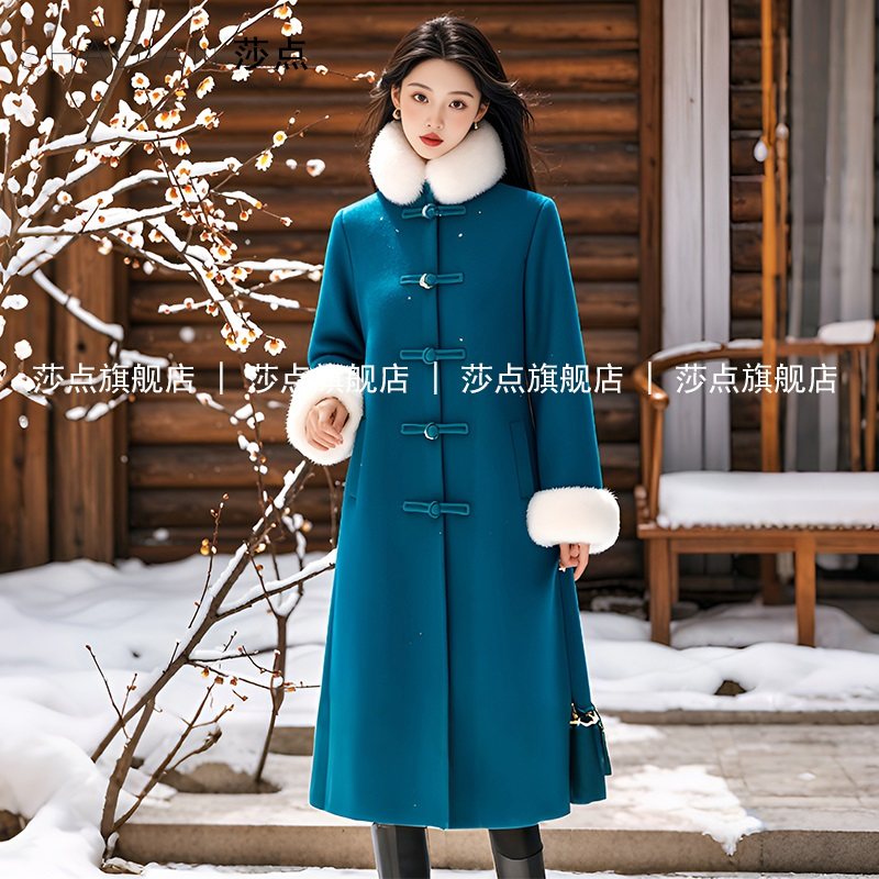 新中式大衣新款冬季加绒加厚毛呢外套女装毛毛袖长款轻奢呢子冬装