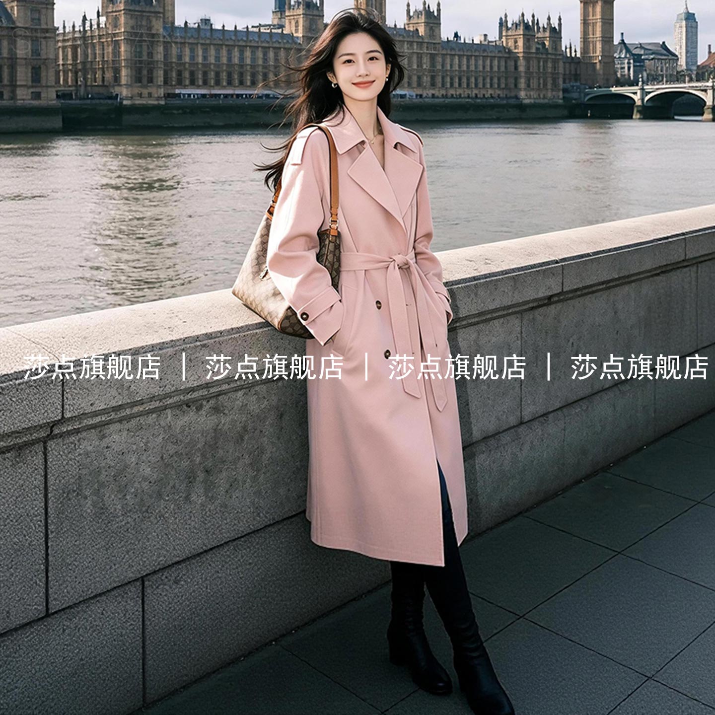 粉色双排扣休闲风衣女中长款