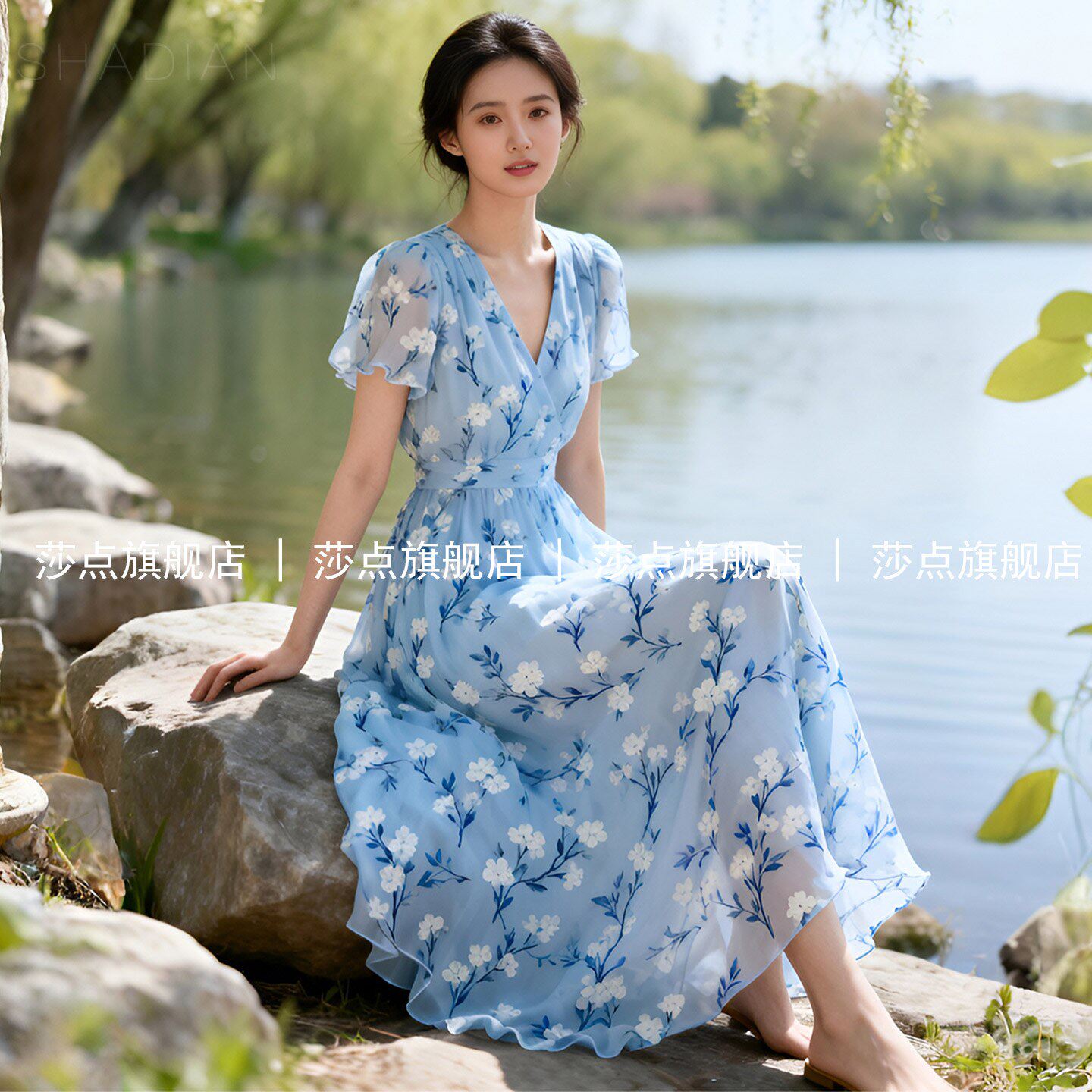 蓝色V领短袖薄纱碎花连衣裙女夏