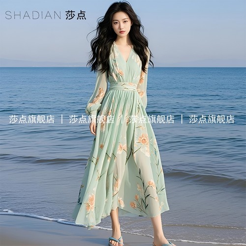 V领雪纺碎花连衣裙女夏