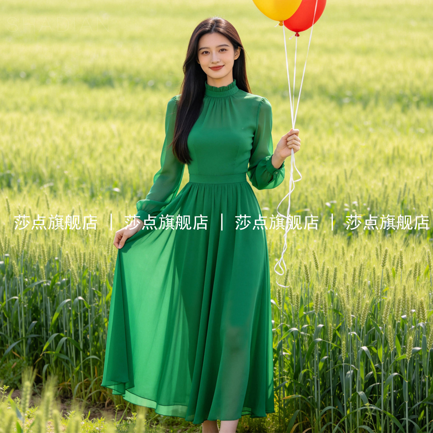 长袖绿色薄纱度假风雪纺连衣裙女早春漂亮气质收腰雪纺长裙高级感
