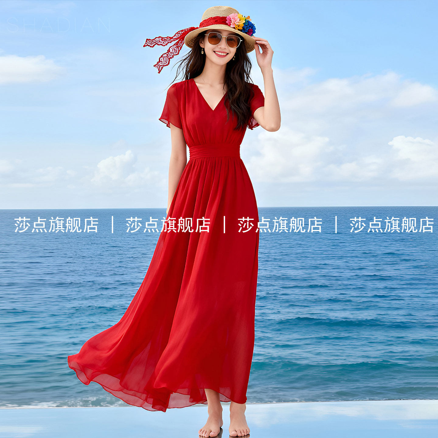 短袖V领红色薄纱连衣裙女夏