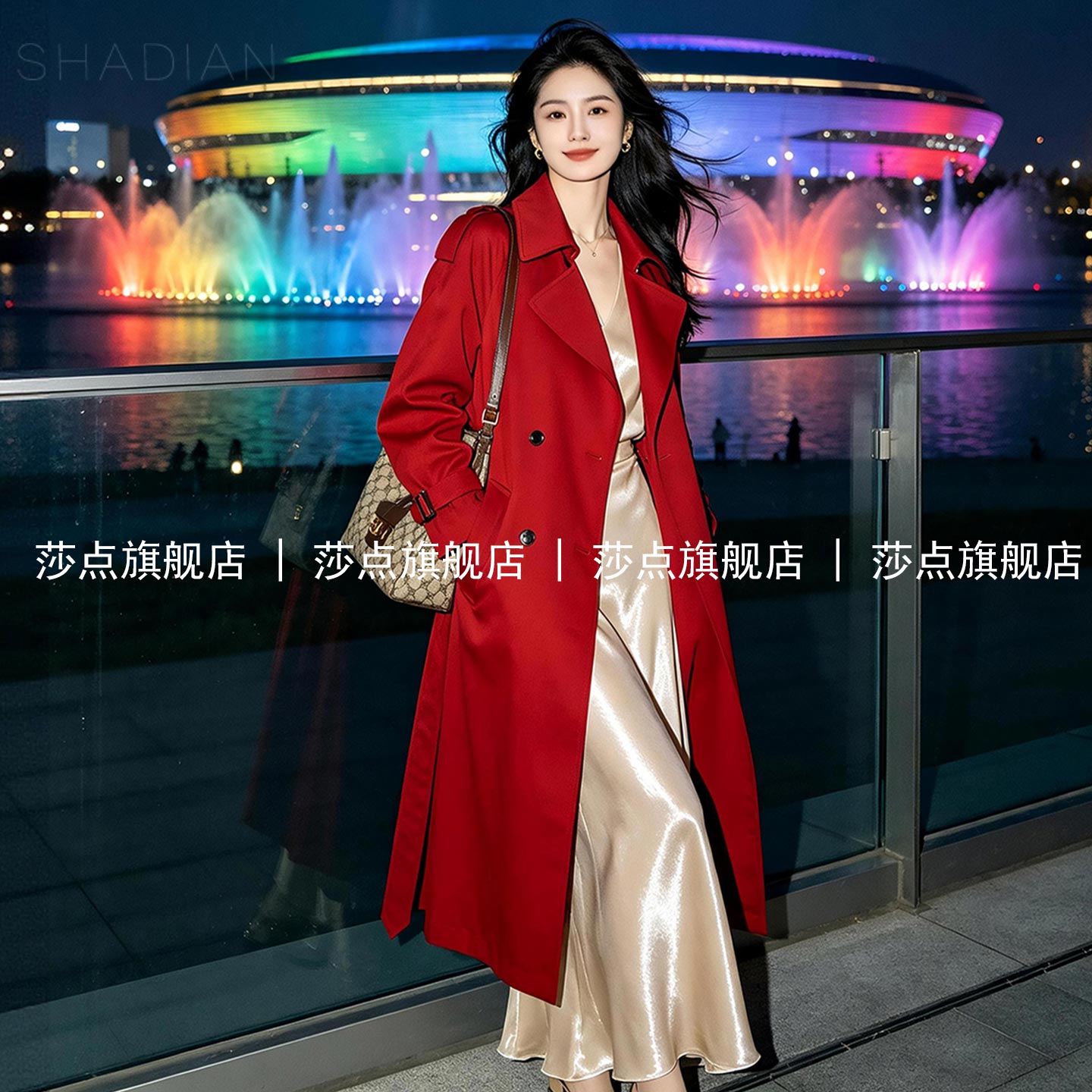 红色双排扣休闲风衣女中长款