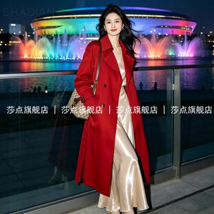 红色双排扣休闲风衣女中长款秋2026新款气质收腰外套长款过膝大衣