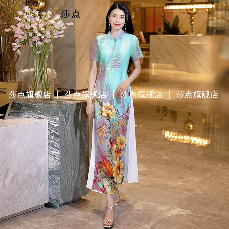 新中式国风奥黛旗袍连衣裙女夏薄纱长裙妈妈婚宴礼服日常可穿素雅