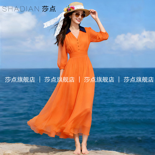 V领桔色薄纱雪纺连衣裙女夏