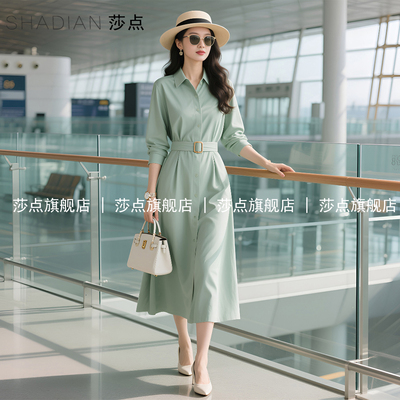 绿色长袖衬衫裙连衣裙女春秋