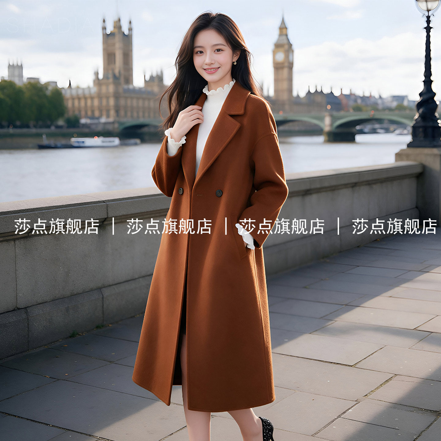 驼色双排扣毛呢外套女冬中长款